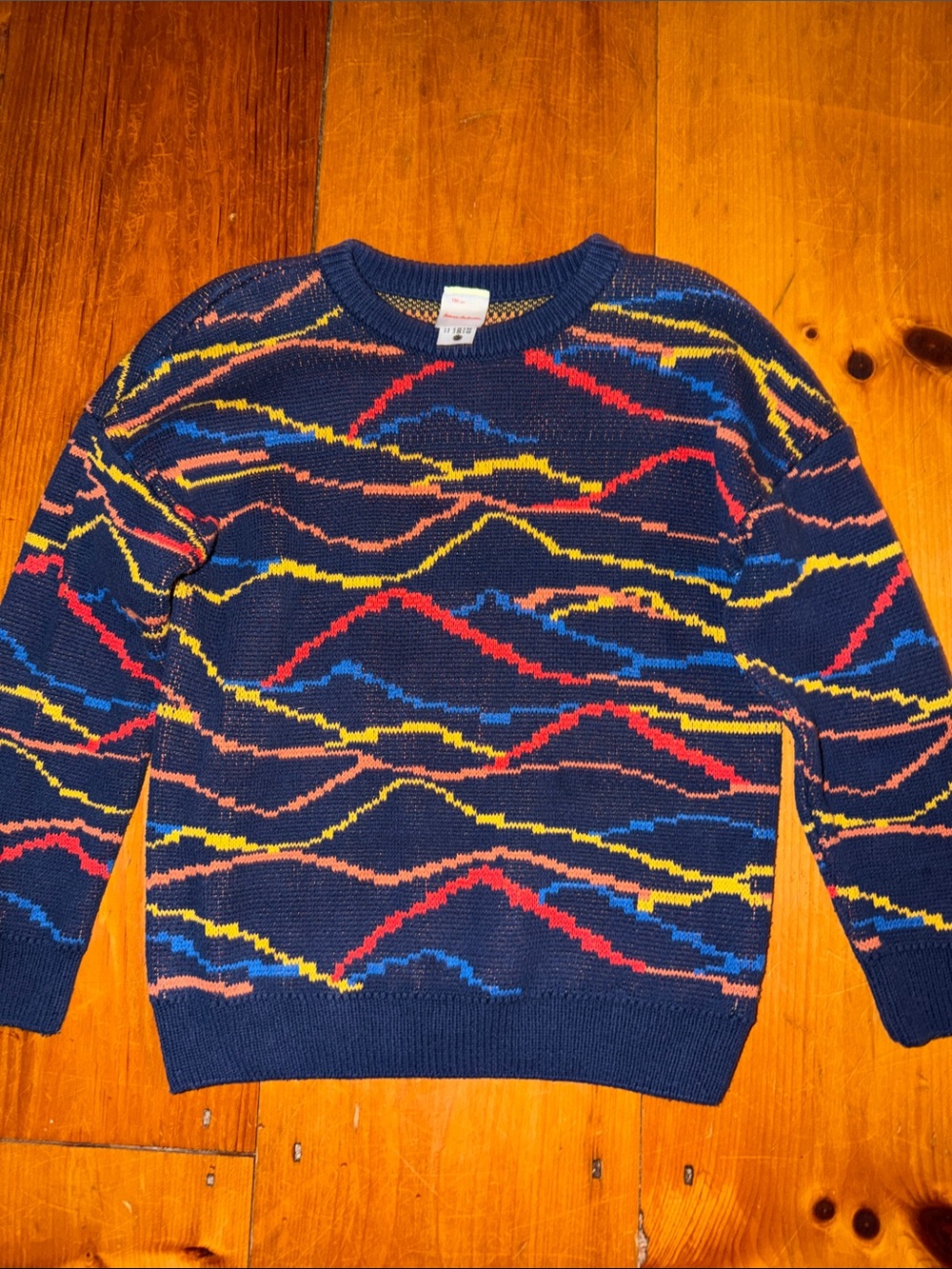 Hanna Andersson Navy Crewneck Sweater with Red Yellow Blue Orange Waves 6/7